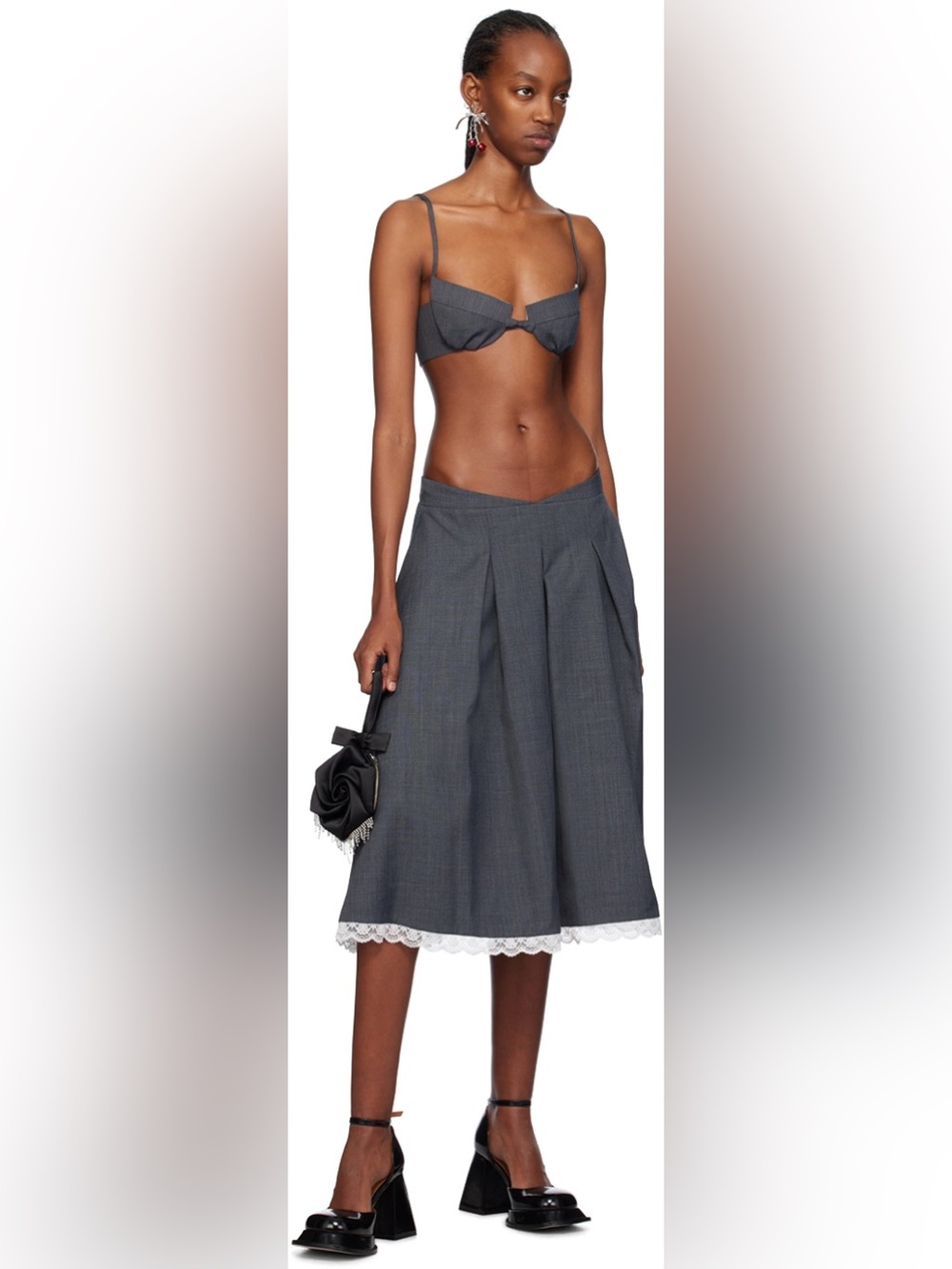 SHUSHU/TONG Women's Gray A-Line Skirt with Lace Hem